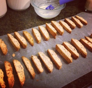 Fresh from the oven and ready to glaze! These biscotti are slightly browned at the edges but are still chewy! 